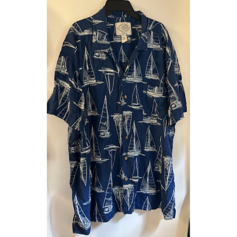 St John’s Bay 2XL Blue Sailboat Print Hawaiian Shirt Short Sleeve Classic Fit